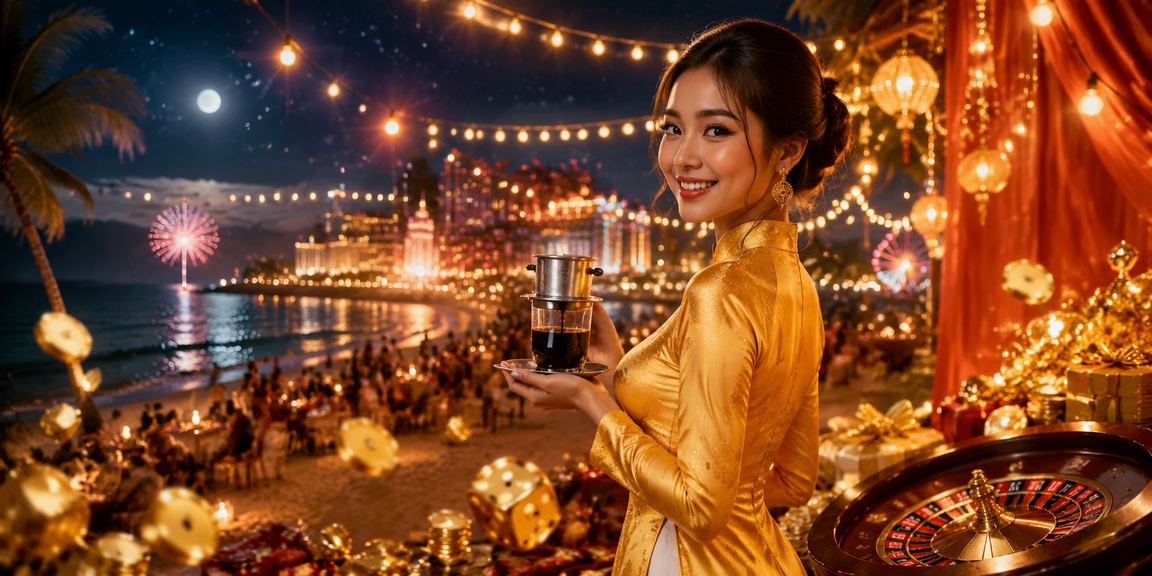 Khung cảnh casino sôi động tại Việt Nam với các bàn chơi và ánh đèn lung linh